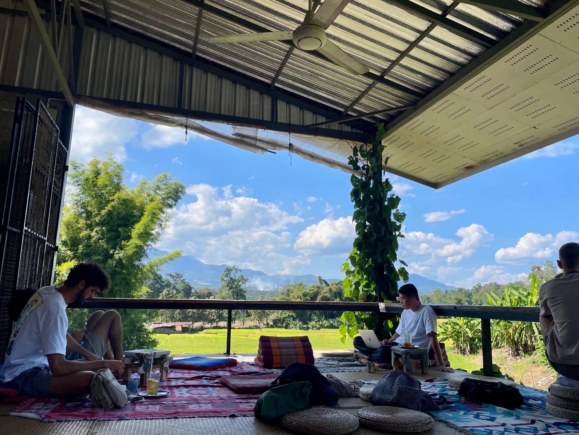 Cafe with people sitting on cushions, working on their laptop. Greenery in the background,  blue sky. Dear Your Mind, Pai, Thailand