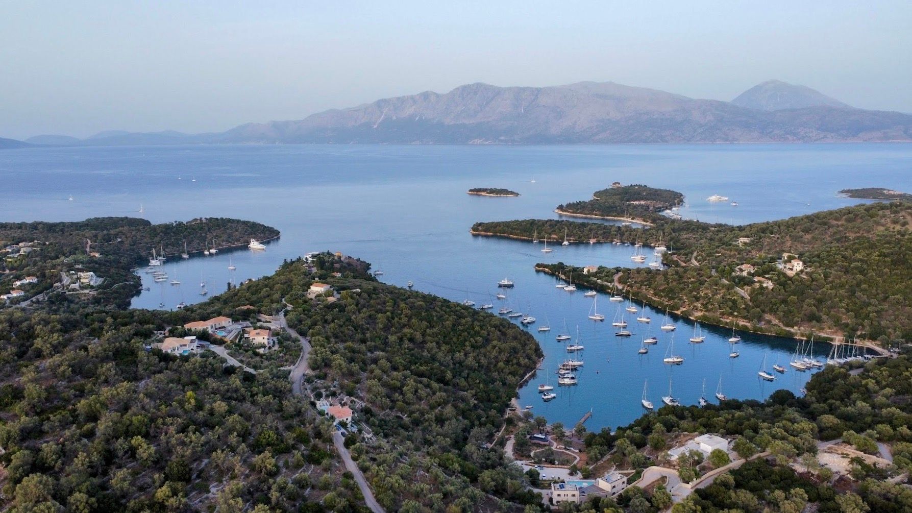 Aerial view of harbour of Vathy, Meganisi, Greece