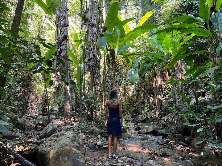 Lau wearing a dark blue dress and brown sneakers walking through the jungle in Thailand.
